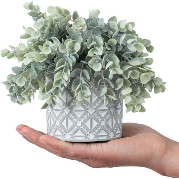 Artificial eucalyptus plant faux greenery in gray concrete pot home office decor - Picture 6 of 7